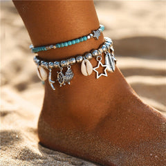 IF ME Bohemian Multiple Layers Starfish Turtle Beads Anklets For Women Vintage Boho Shell Chain Anklet Bracelet Beach Jewelry