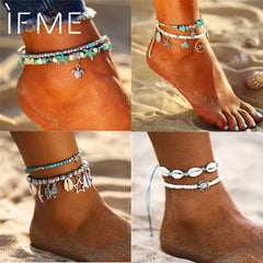 IF ME Bohemian Multiple Layers Starfish Turtle Beads Anklets For Women Vintage Boho Shell Chain Anklet Bracelet Beach Jewelry